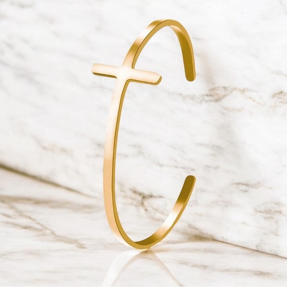 Gold Cross Cuff Bracelet, Unisex, Modern, Adjustable - Picture 2 of 3